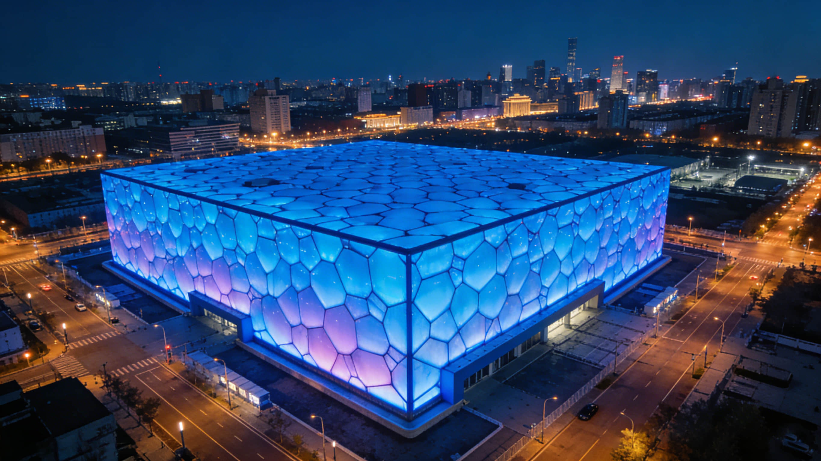 National Aquatics Center Water Cube illuminated at night